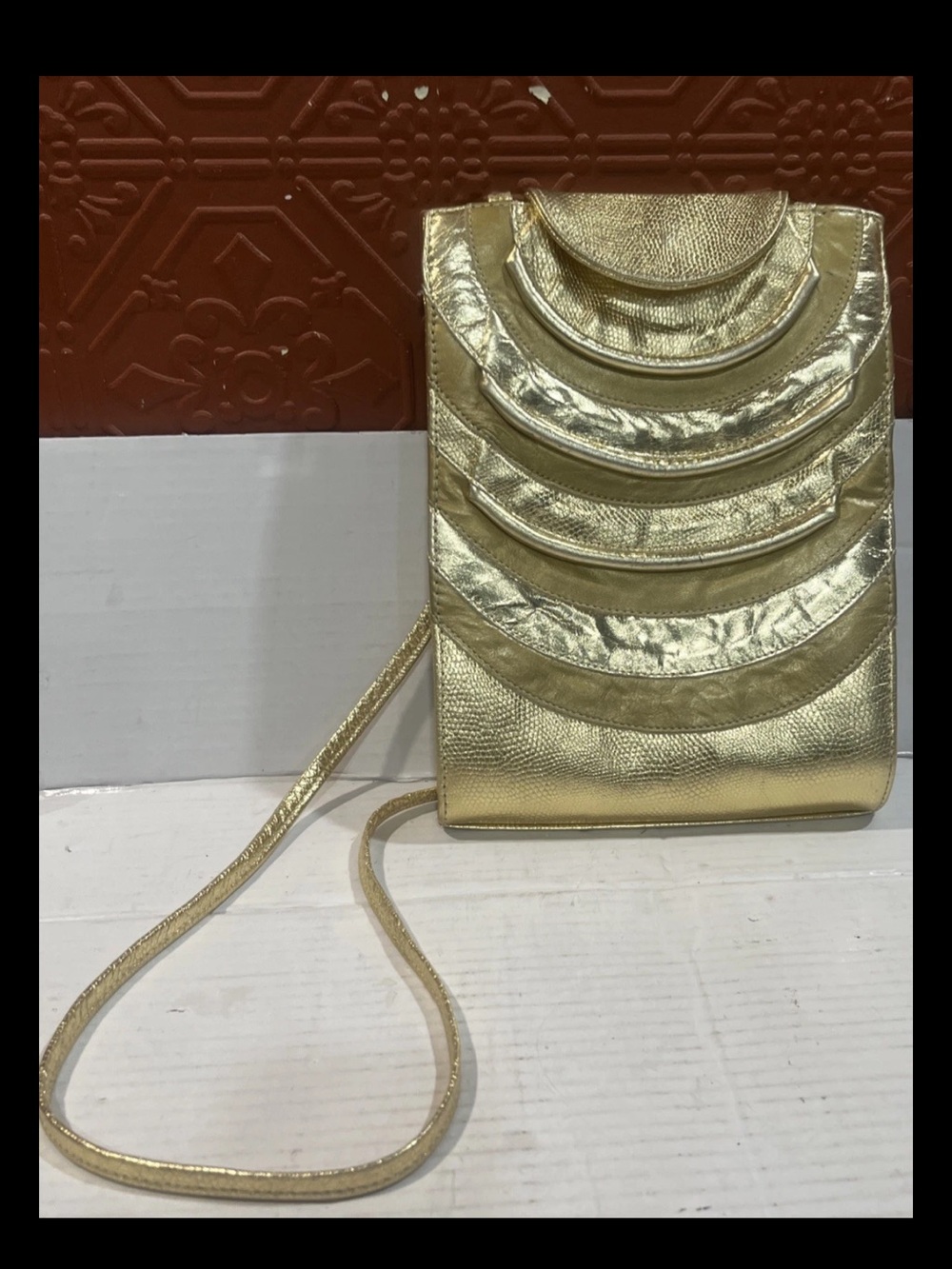 Vintage Genuine Leather By Pinky Bags  Crossbody Gold Handbag Purse Glam